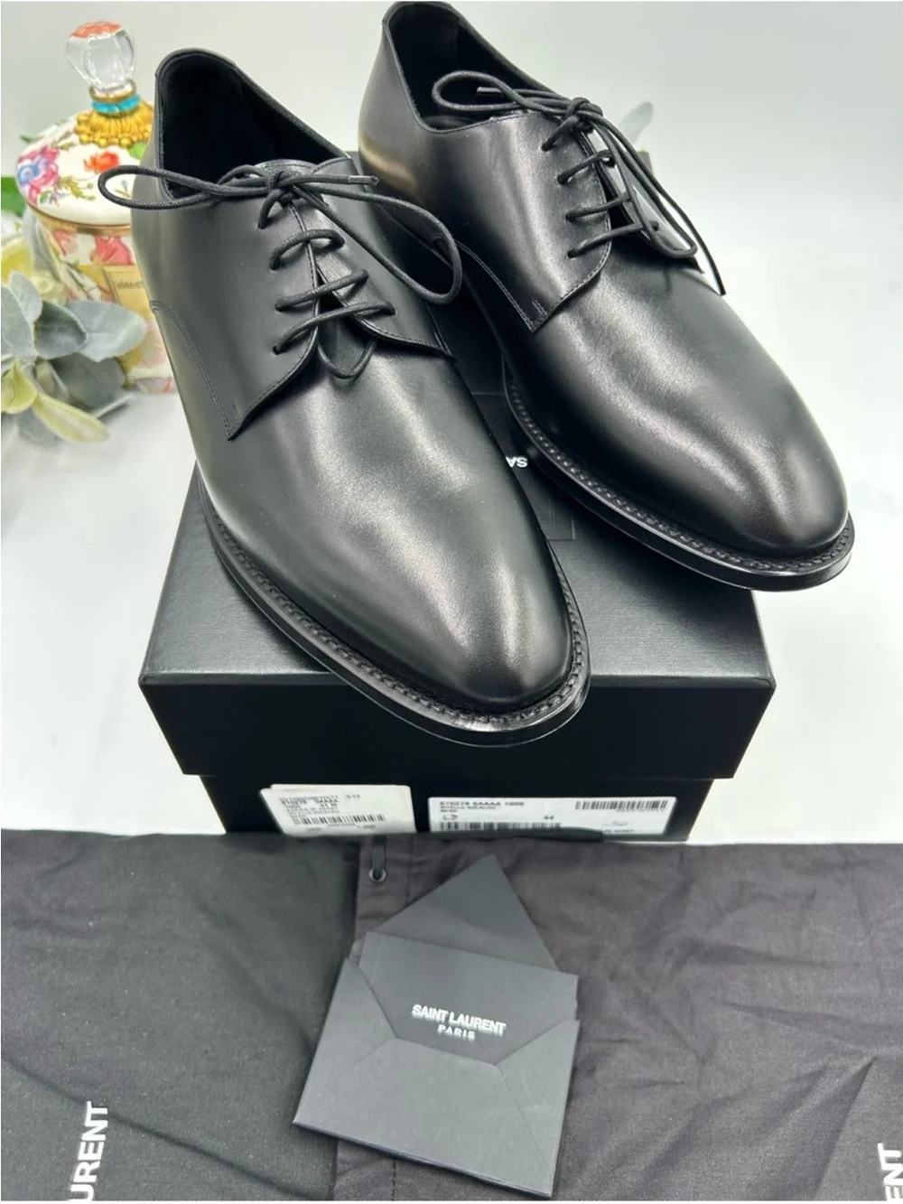 Men’s Saint Laurent ADRIEN Derby shoes in black glazed leather size 44 Italy